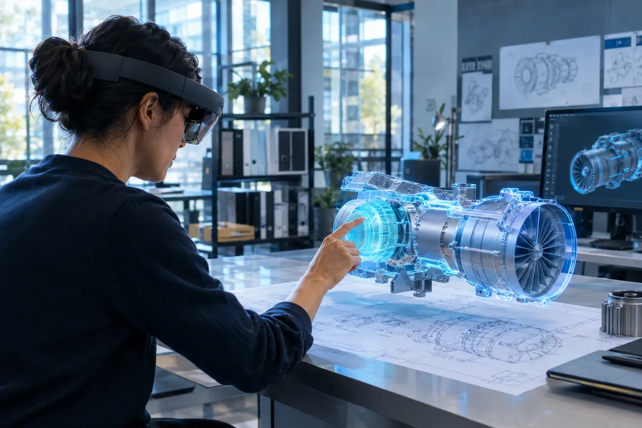 A person wearing a see-through headset sits at a desk and points at a glowing translucent 3D model of a jet engine floating above printed engineering drawings, with a monitor showing the engine in the background.