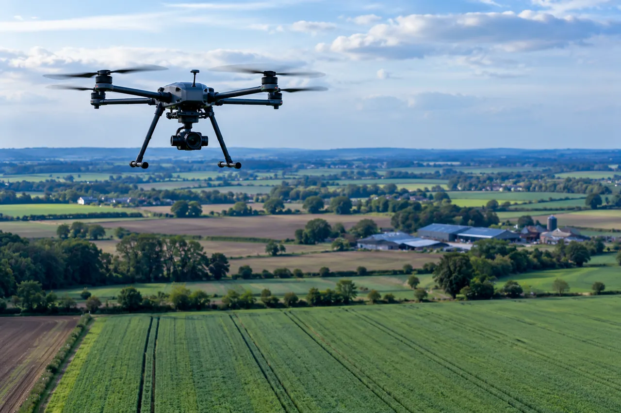 A grey four-rotor drone with a camera gimbal hovers in the foreground above green and ploughed fields, with farm buildings, trees and hills under a cloudy blue sky.