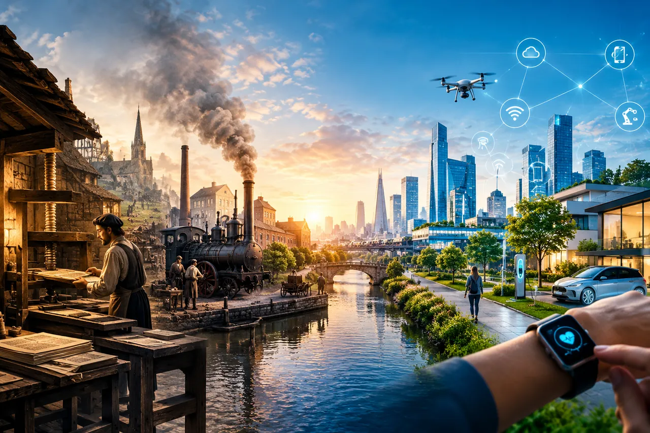 Illustration showing the transition from traditional workshops and steam-powered machinery to a modern city with connected devices, a drone and sustainable technologies.