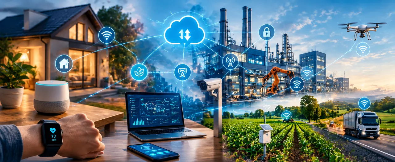 Illustration of a smartwatch, smart-home devices, industrial sensors and agricultural technology connected through a digital network.