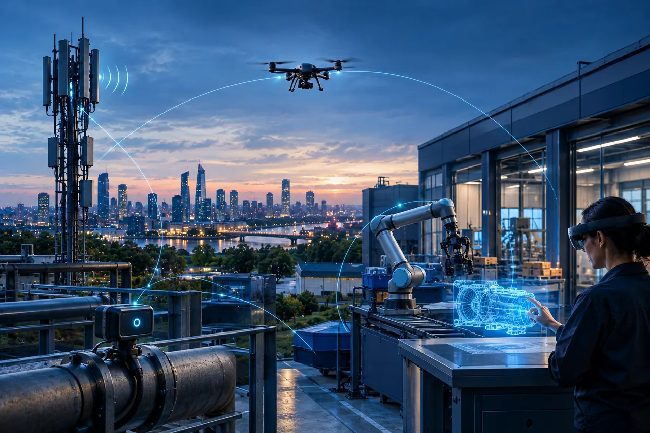 At dusk, a mobile network mast with signal arcs on the left, a drone flying overhead, an industrial sensor on a large pipe in the foreground, a robot arm beside a factory building and a person in a headset touching a glowing holographic engine model on the right, with a city skyline and thin glowing lines linking them.