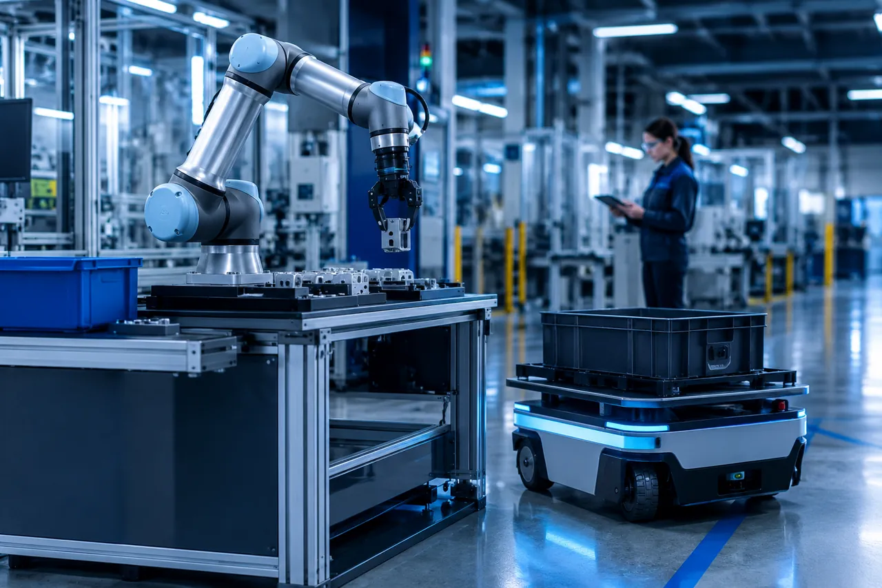 A silver and light-blue robotic arm with a two-fingered gripper stands at a workbench of metal parts in a bright factory, while a low wheeled carrier with a grey crate waits on the floor and a person in safety glasses looks at a tablet in the background.