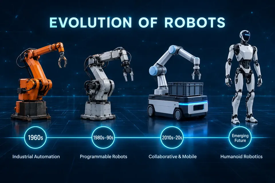 Illustration titled Evolution of Robots: an orange industrial robot arm (1960s, industrial automation), a grey programmable arm (1980s to 1990s), a blue and grey collaborative arm on a wheeled mobile base (2010s to 2020s) and a white humanoid robot (emerging future), shown along a glowing timeline.